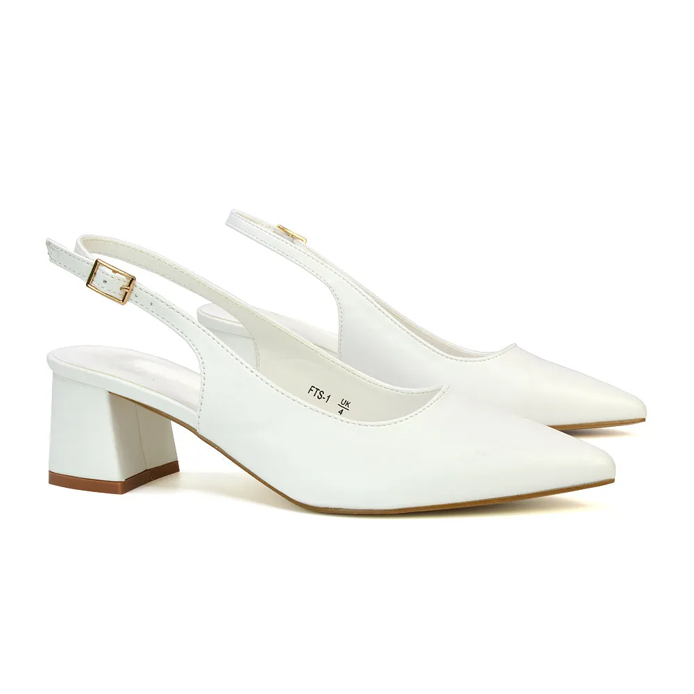 Devon Low Block Heel Slingback Pointed Toe Shoes in Black Synthetic Leather