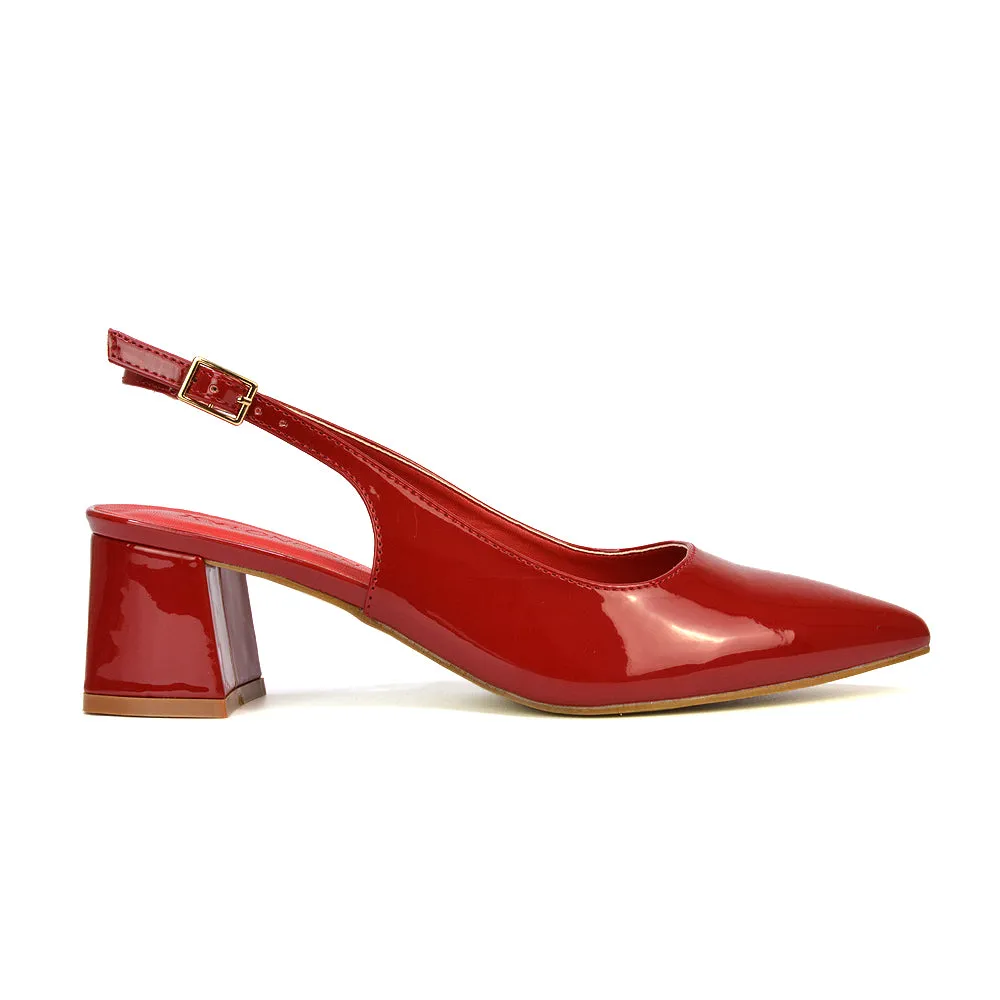 Devon Low Block Heel Slingback Pointed Toe Shoes in Black Synthetic Leather