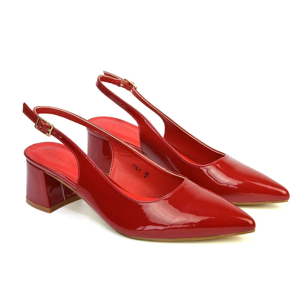 Devon Low Block Heel Slingback Pointed Toe Shoes in Black Synthetic Leather