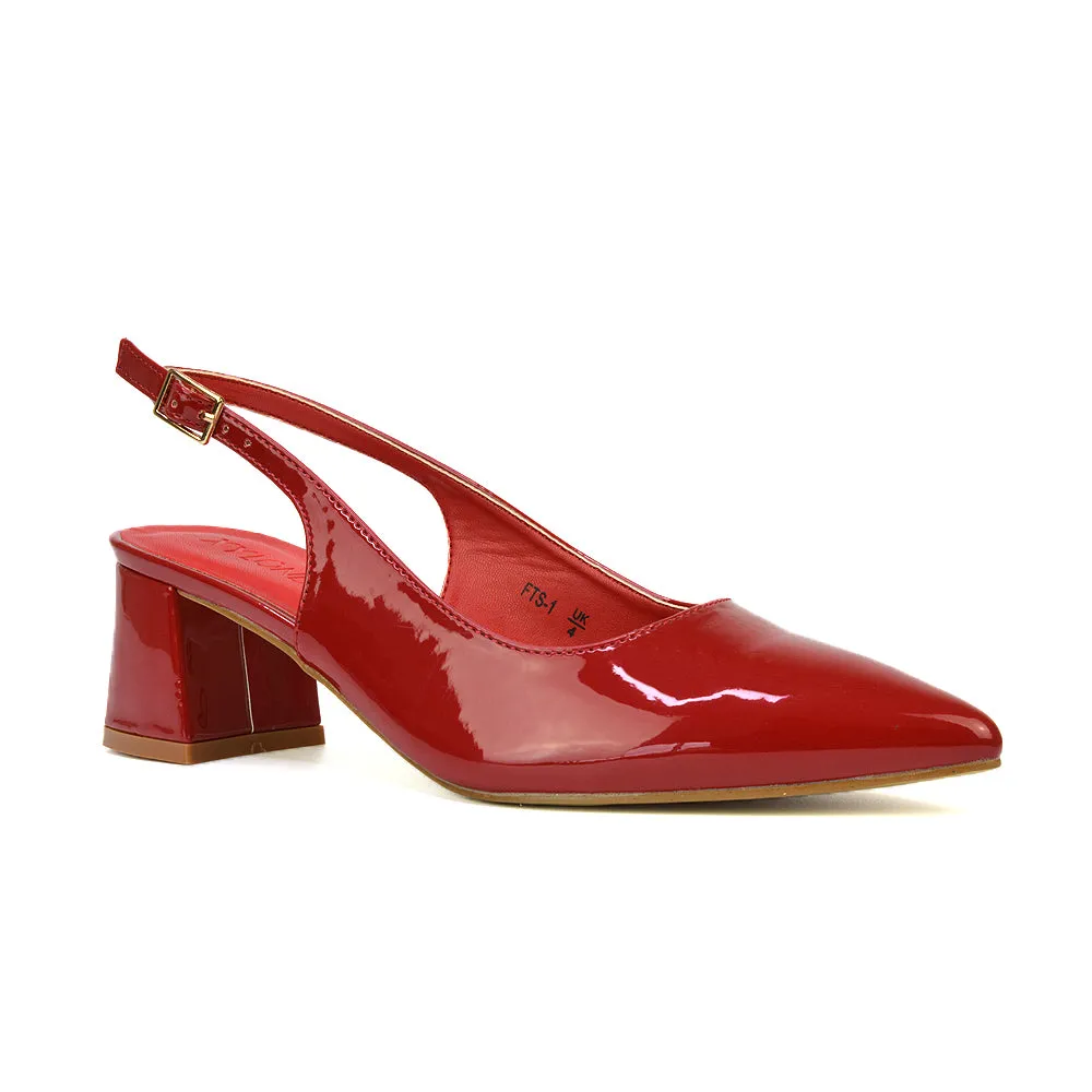 Devon Low Block Heel Slingback Pointed Toe Shoes in Black Synthetic Leather