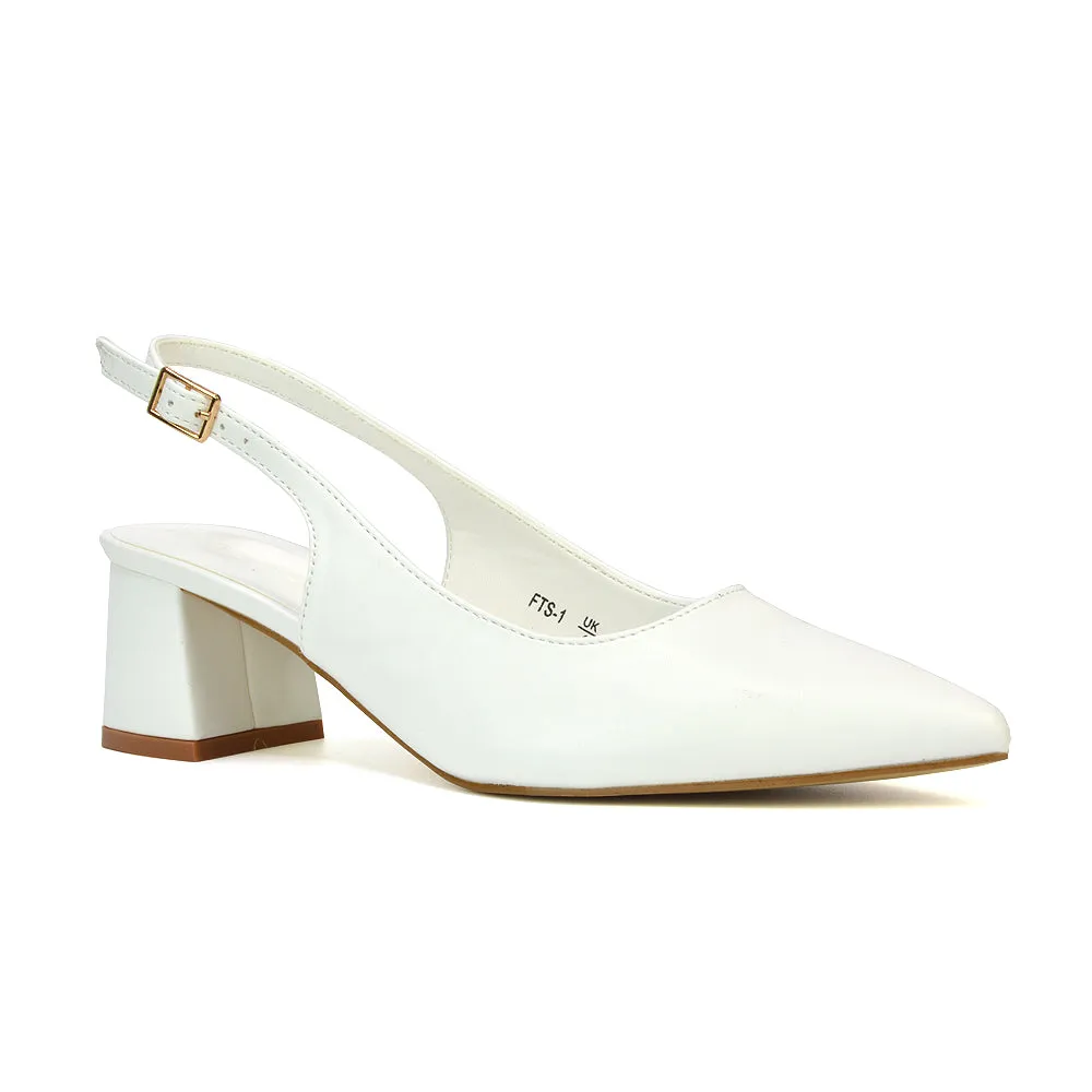 Devon Low Block Heel Slingback Pointed Toe Shoes in Black Synthetic Leather