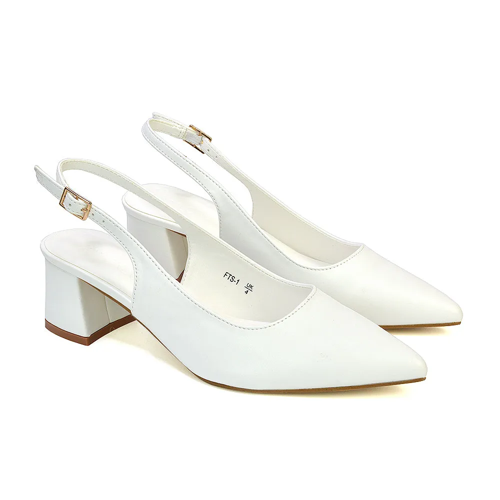 Devon Low Block Heel Slingback Pointed Toe Shoes in Black Synthetic Leather