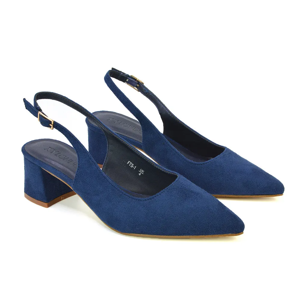 Devon Low Block Heel Slingback Pointed Toe Shoes in Black Synthetic Leather