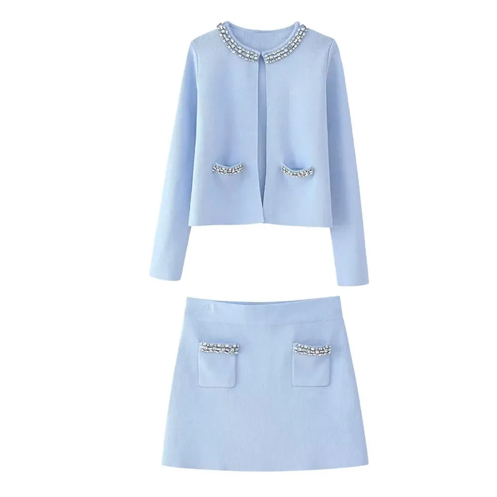 Diamonds Trims Sweater   Mini Skirts Knit Matching Outfit Set