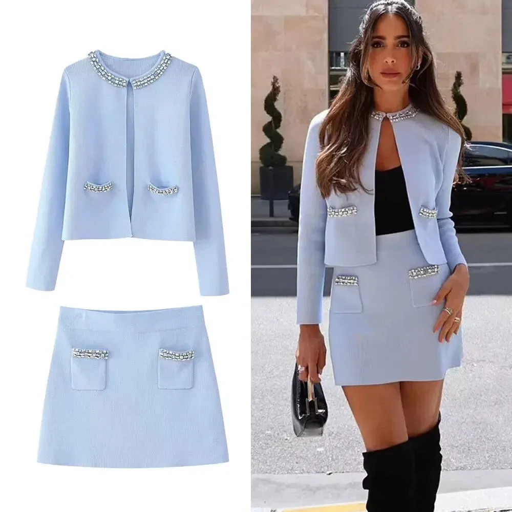 Diamonds Trims Sweater   Mini Skirts Knit Matching Outfit Set
