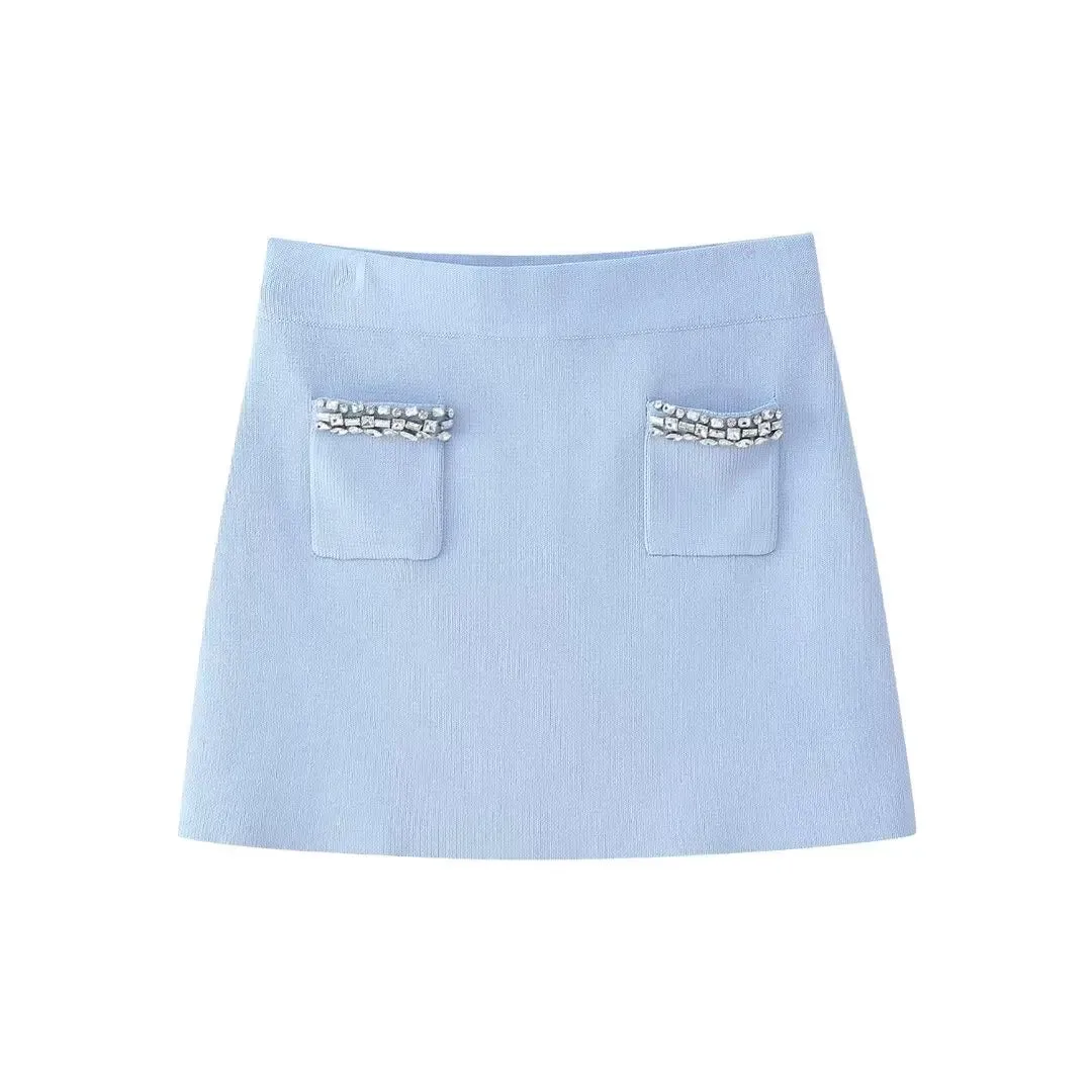 Diamonds Trims Sweater   Mini Skirts Knit Matching Outfit Set