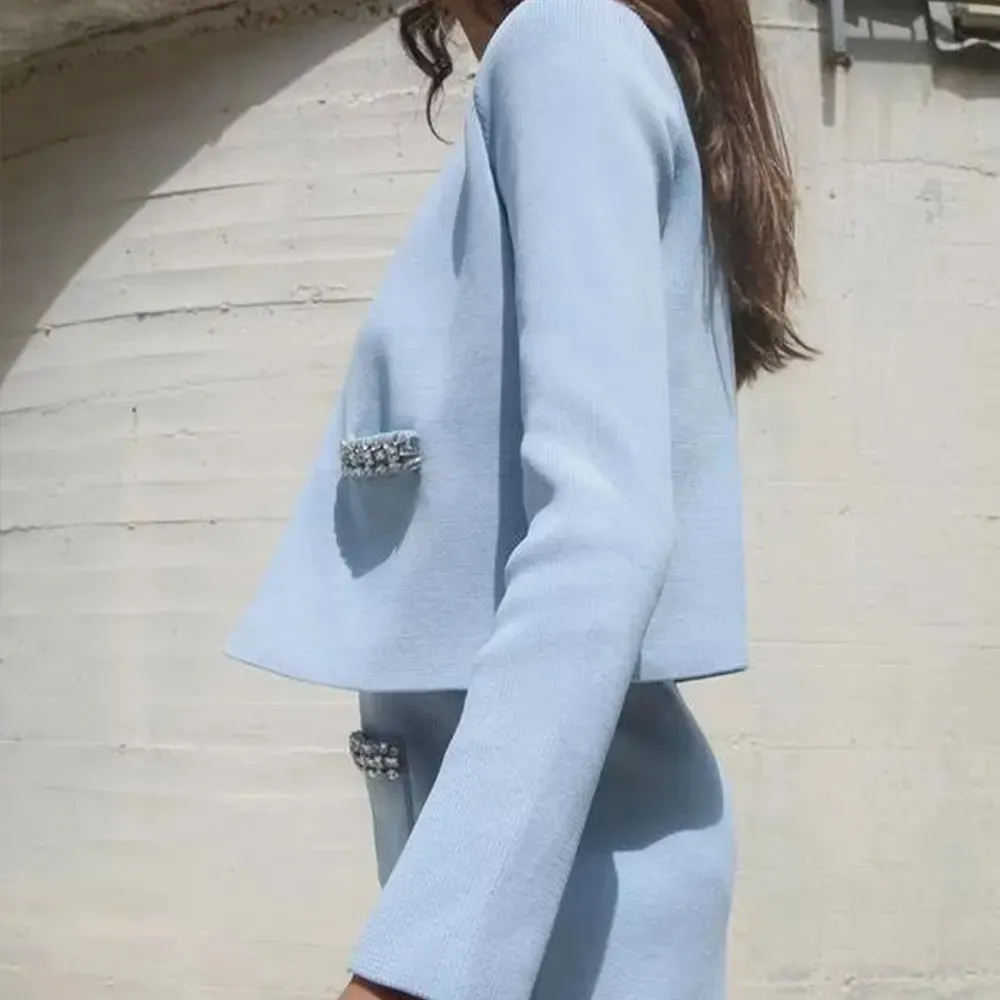 Diamonds Trims Sweater   Mini Skirts Knit Matching Outfit Set