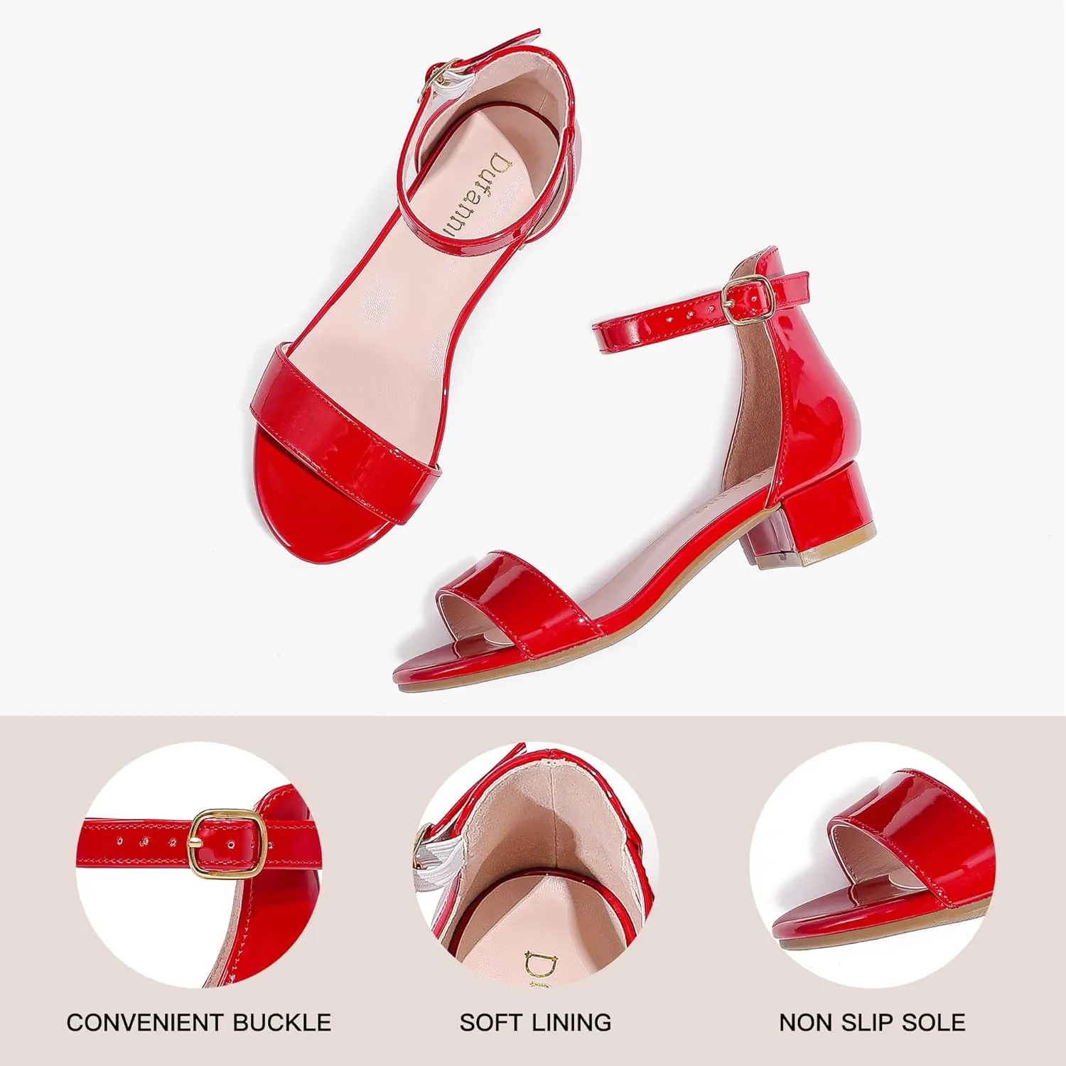 Dufannie Girls Sandals Low Heels Dress Pump Ankle Strap Open Toe Flower Girl Wedding Party for Toddler Little Big Kid
