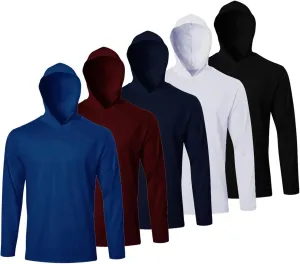 Facitisu Men Long Sleeve Tee Shirts with Hooded 5 Pack Athletic Pullover Dry Fit Sweatshirts Gym Hoodies