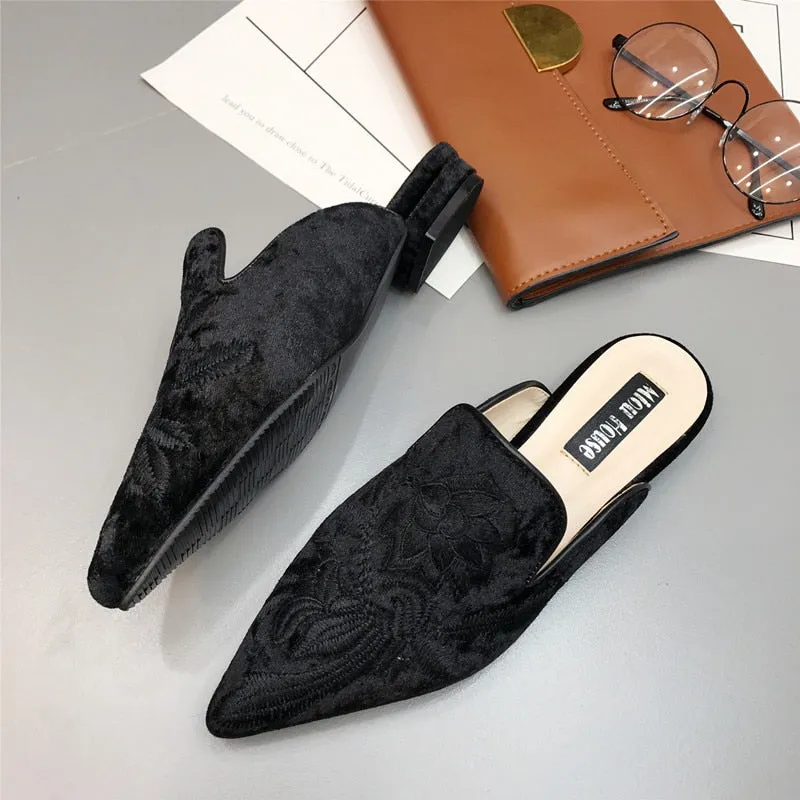 Fashion Floral Print Embroidery Mules Fur Slides Slip On Women Mules Shoes