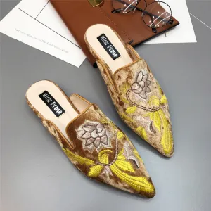 Fashion Floral Print Embroidery Mules Fur Slides Slip On Women Mules Shoes