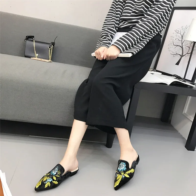 Fashion Floral Print Embroidery Mules Fur Slides Slip On Women Mules Shoes