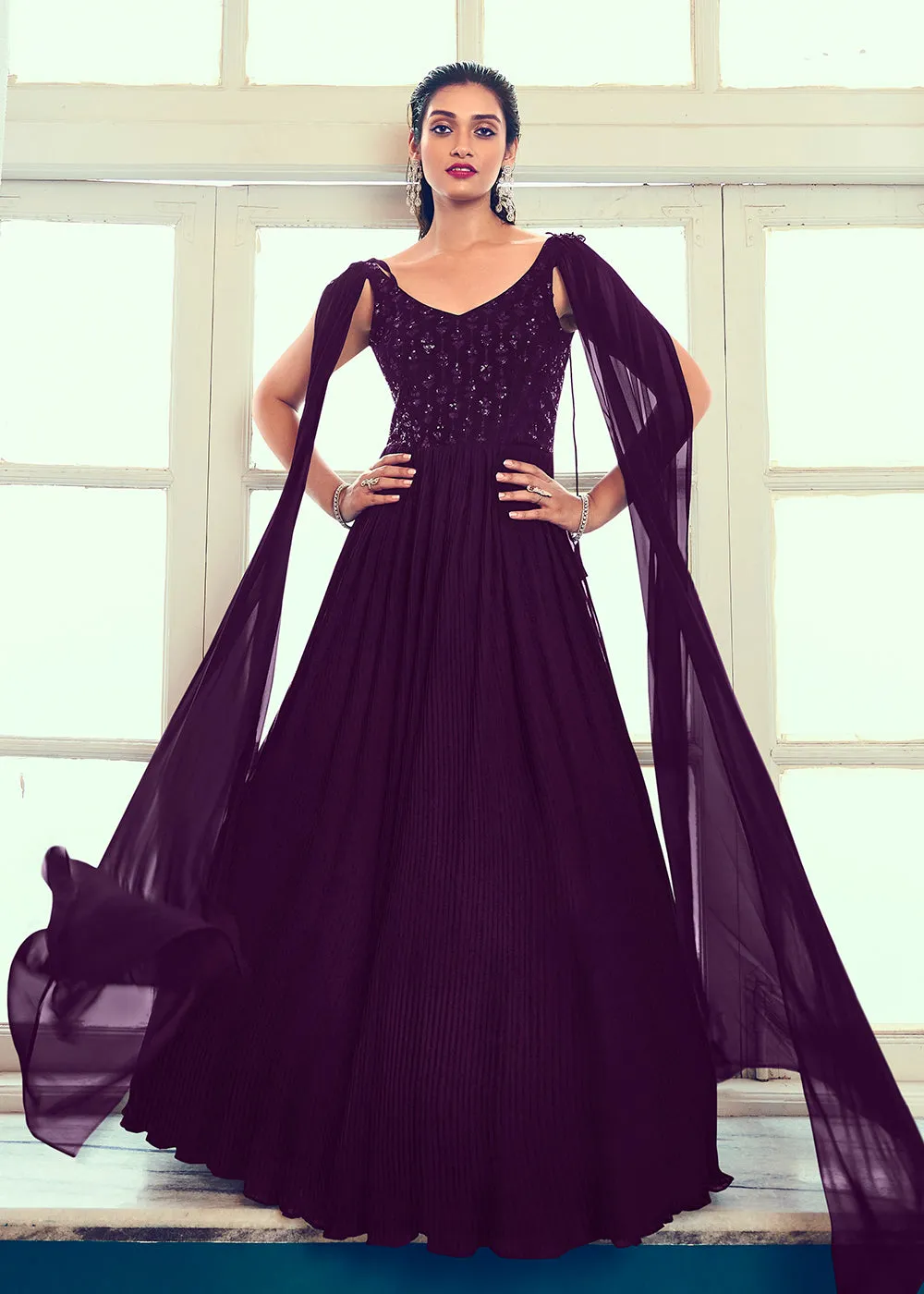 Georgette Pretty Purple Sequins & Thread Party Wear Gown