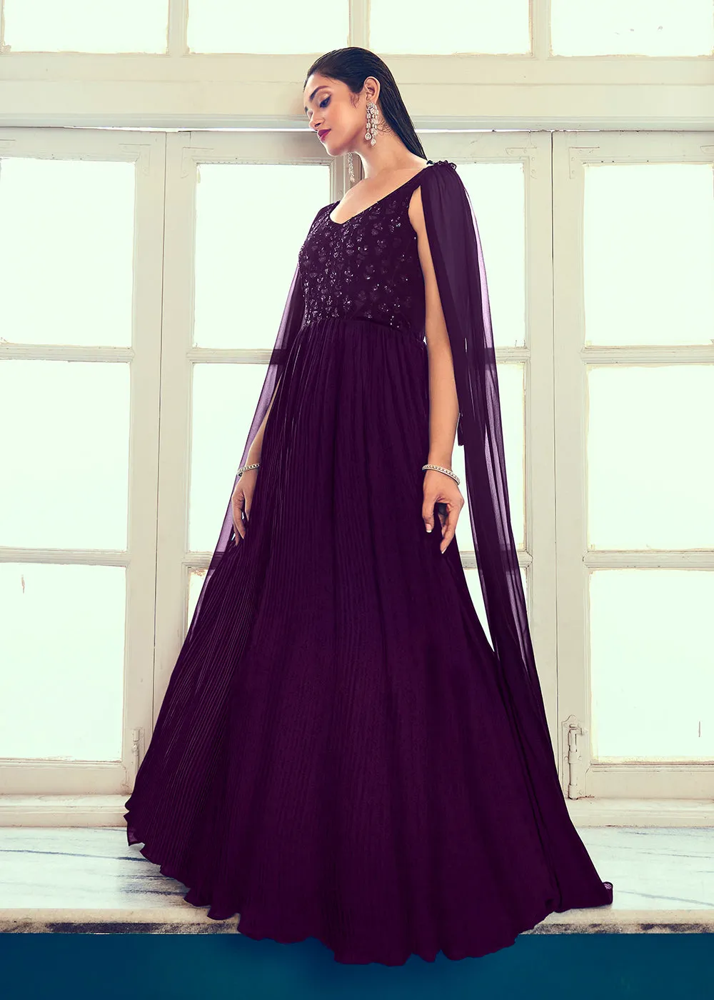 Georgette Pretty Purple Sequins & Thread Party Wear Gown