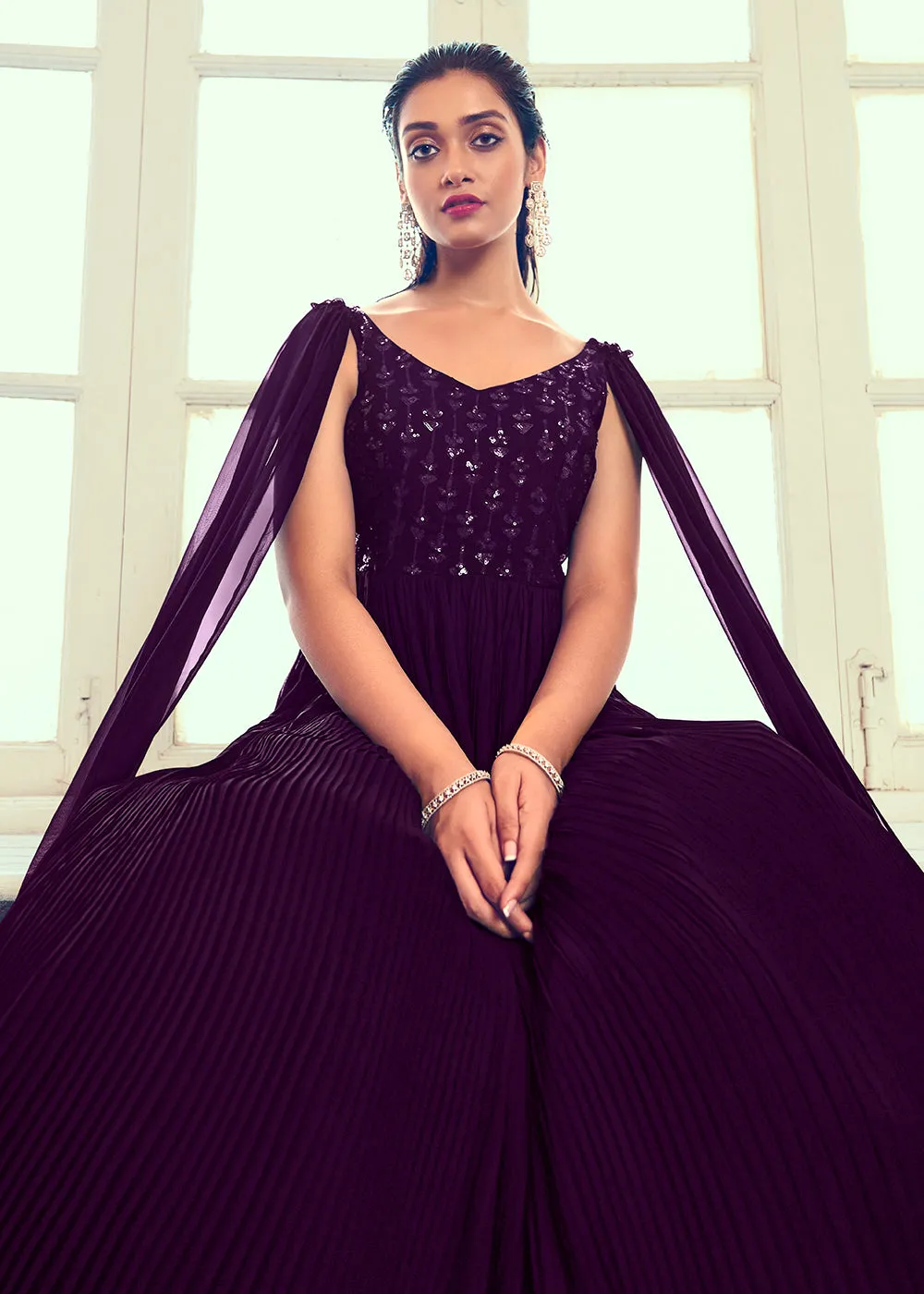 Georgette Pretty Purple Sequins & Thread Party Wear Gown