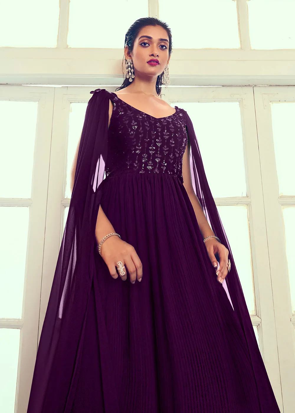 Georgette Pretty Purple Sequins & Thread Party Wear Gown
