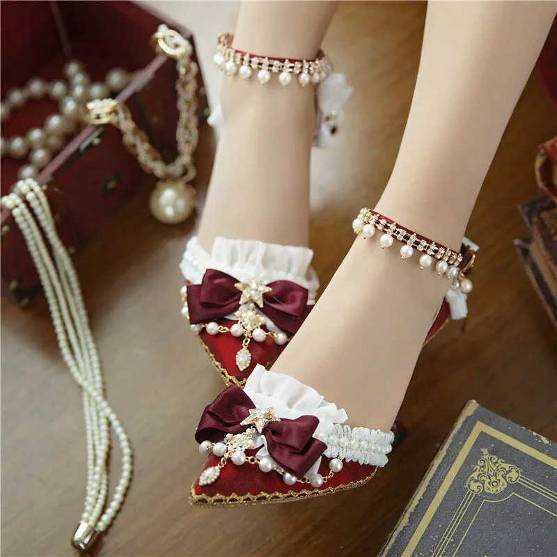 High Heels 8cm Luxury Sweet Women Lolita Wedding Shoes Diamond Lace Bow Tea Party Cos Slingbacks Pointed Toe Ankle Strap Sandals