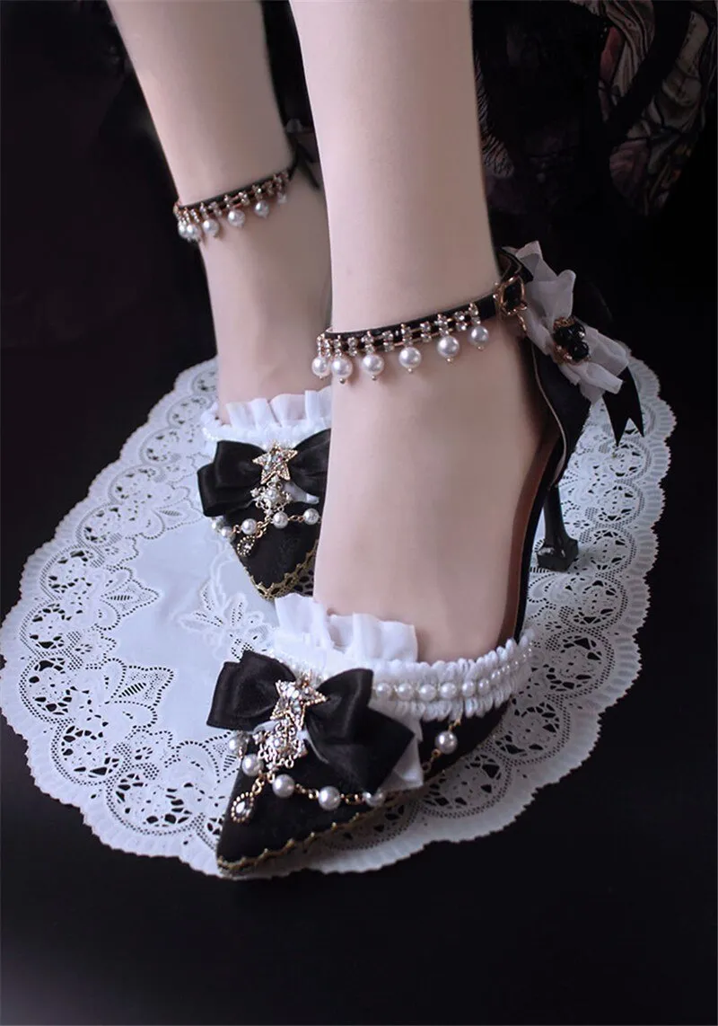 High Heels 8cm Luxury Sweet Women Lolita Wedding Shoes Diamond Lace Bow Tea Party Cos Slingbacks Pointed Toe Ankle Strap Sandals