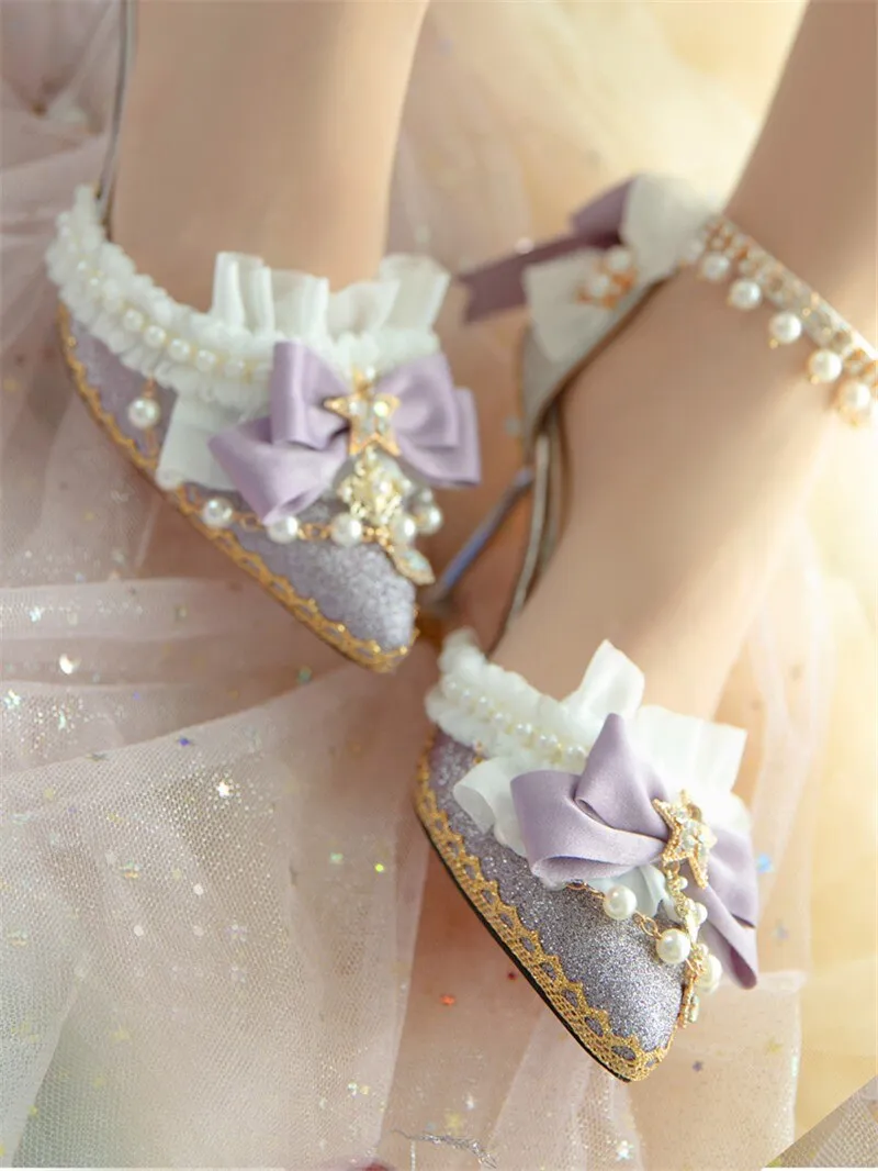 High Heels 8cm Luxury Sweet Women Lolita Wedding Shoes Diamond Lace Bow Tea Party Cos Slingbacks Pointed Toe Ankle Strap Sandals