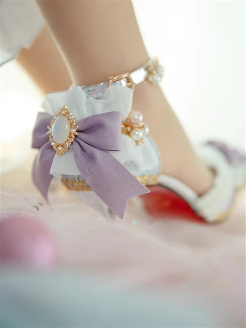 High Heels 8cm Luxury Sweet Women Lolita Wedding Shoes Diamond Lace Bow Tea Party Cos Slingbacks Pointed Toe Ankle Strap Sandals