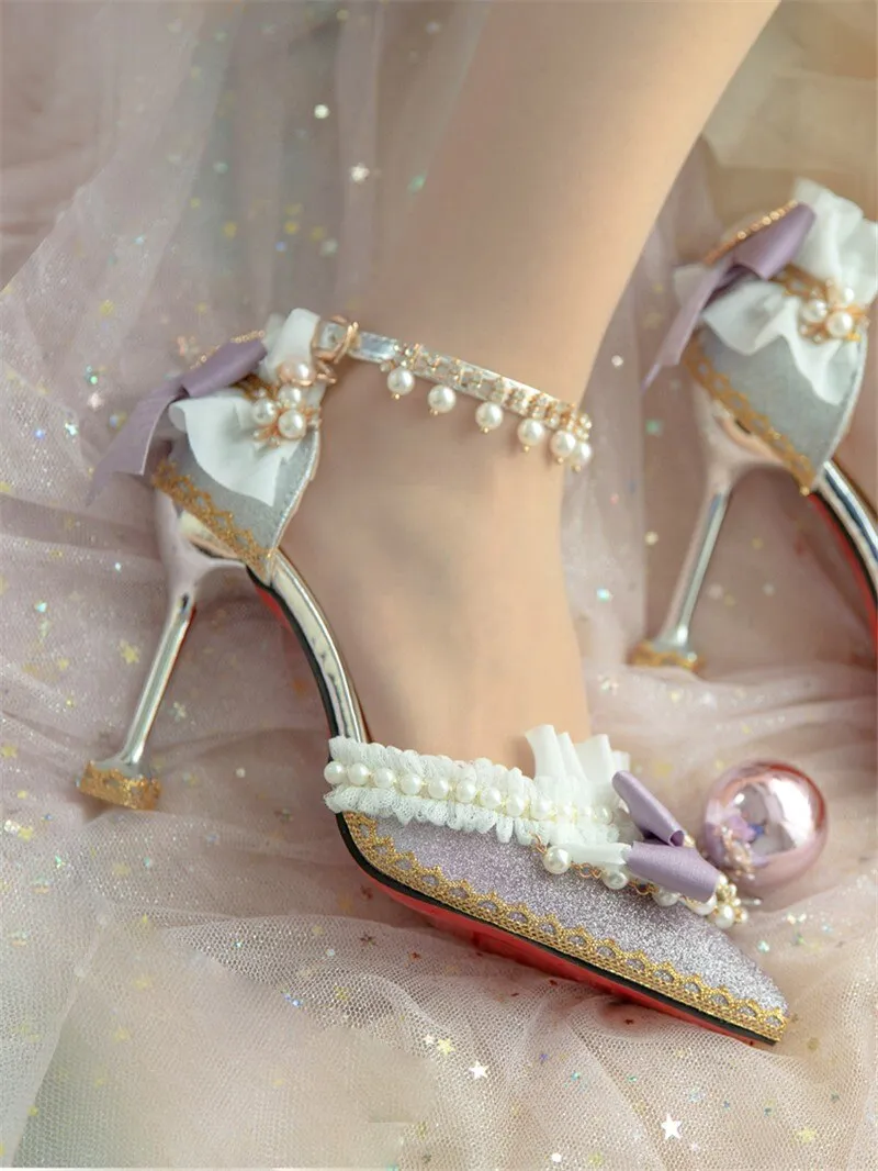 High Heels 8cm Luxury Sweet Women Lolita Wedding Shoes Diamond Lace Bow Tea Party Cos Slingbacks Pointed Toe Ankle Strap Sandals