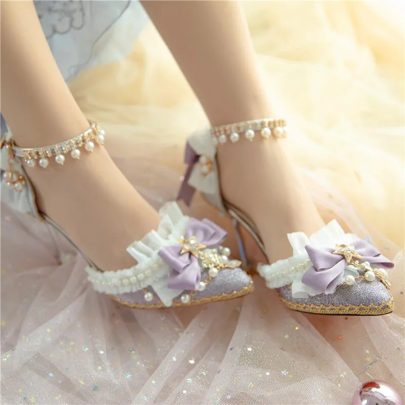 High Heels 8cm Luxury Sweet Women Lolita Wedding Shoes Diamond Lace Bow Tea Party Cos Slingbacks Pointed Toe Ankle Strap Sandals