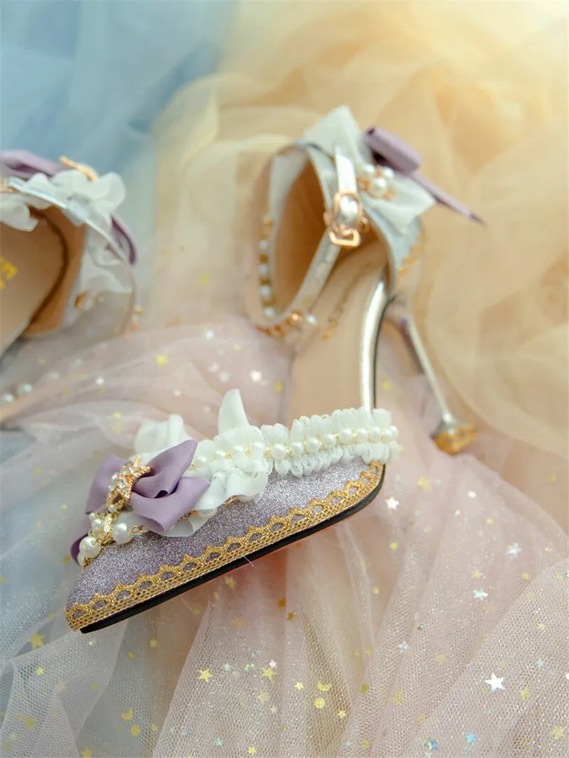 High Heels 8cm Luxury Sweet Women Lolita Wedding Shoes Diamond Lace Bow Tea Party Cos Slingbacks Pointed Toe Ankle Strap Sandals