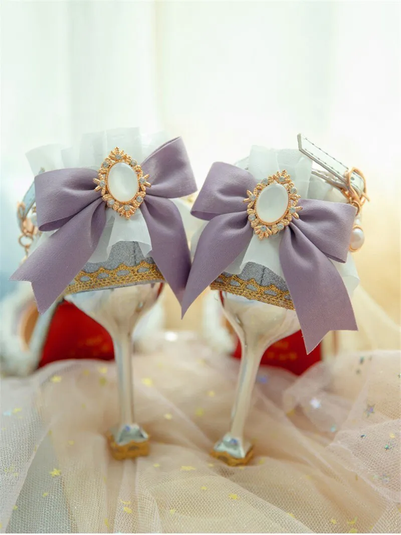 High Heels 8cm Luxury Sweet Women Lolita Wedding Shoes Diamond Lace Bow Tea Party Cos Slingbacks Pointed Toe Ankle Strap Sandals