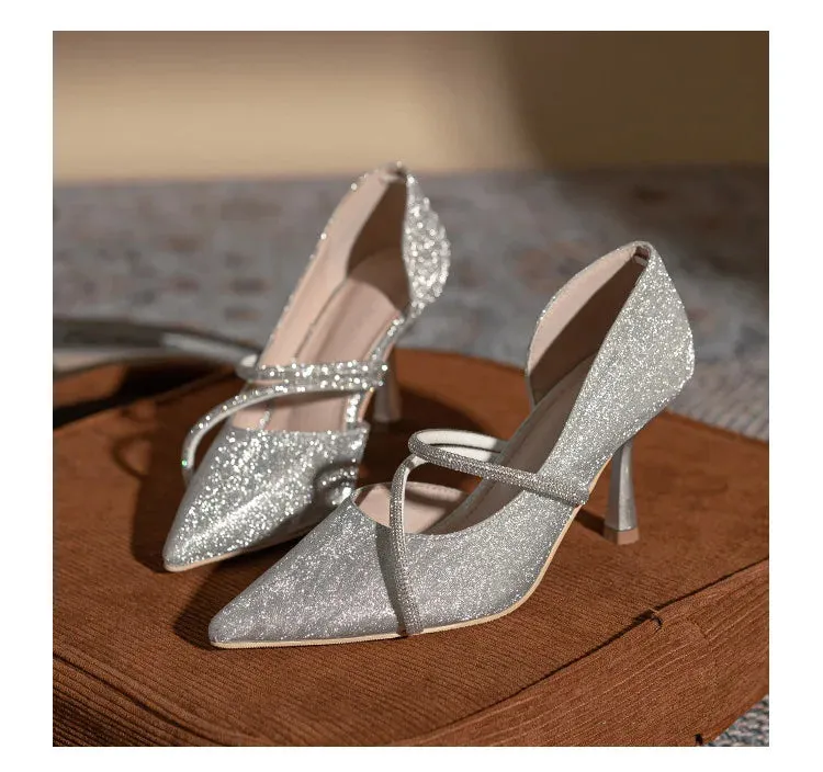 Hnzxzm Shiny Pointed Toe High Heels Women Luxury Designer Sandals Pumps Woman Rhinestone Stiletto Heel Party Dresses Wedding Shoes