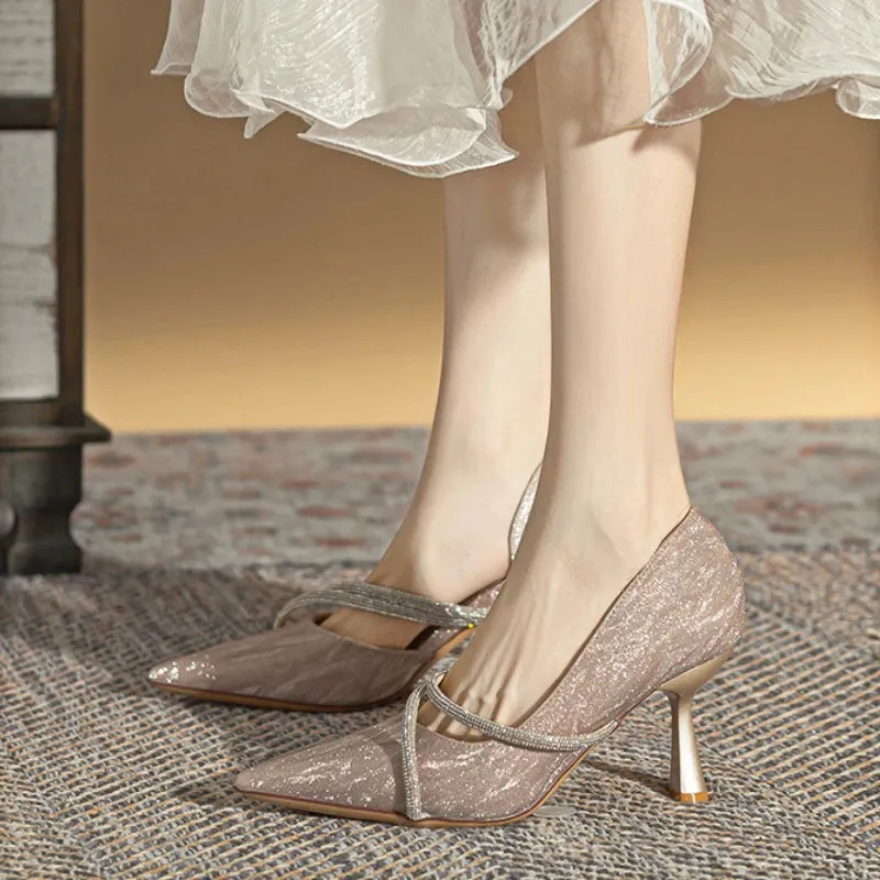 Hnzxzm Shiny Pointed Toe High Heels Women Luxury Designer Sandals Pumps Woman Rhinestone Stiletto Heel Party Dresses Wedding Shoes