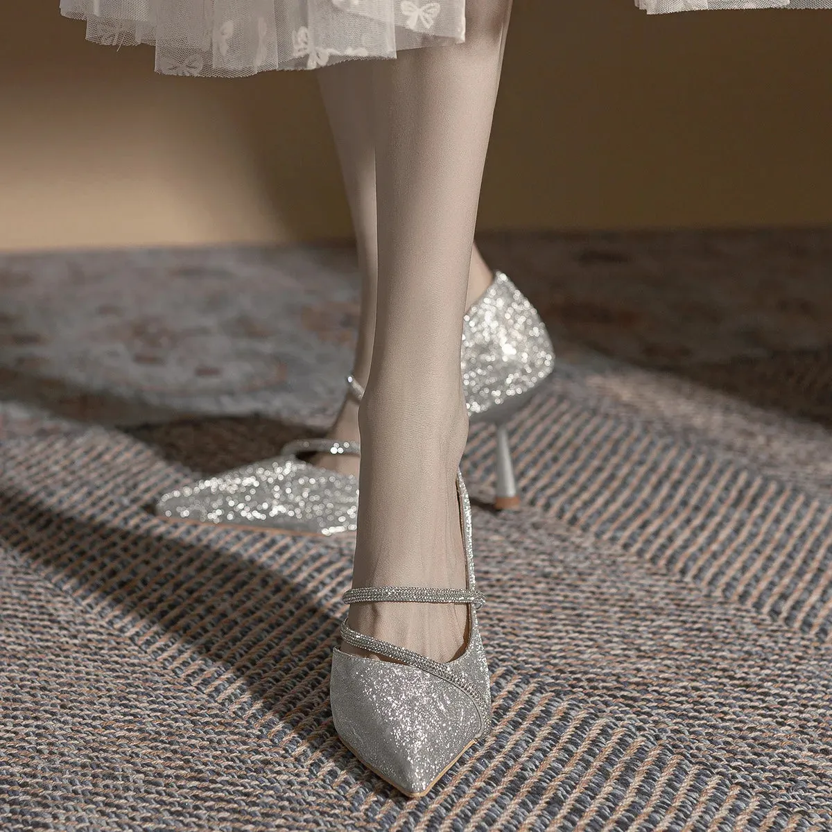 Hnzxzm Shiny Pointed Toe High Heels Women Luxury Designer Sandals Pumps Woman Rhinestone Stiletto Heel Party Dresses Wedding Shoes