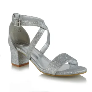 JORDYN CROSS OVER BUCKLE STRAP CHUNKY LOW BLOCK HEELS IN SILVER GLITTER
