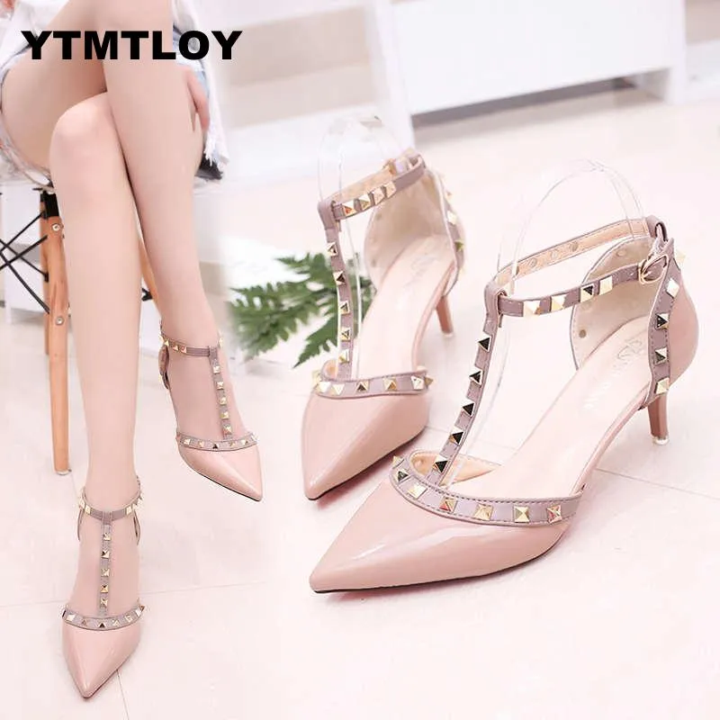 Leather Rivet Pumps Women High Heel