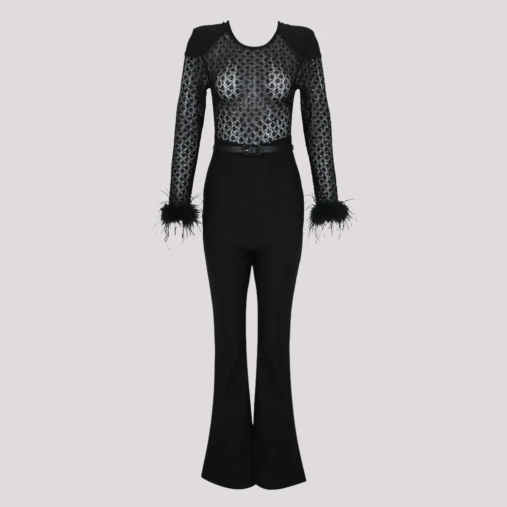 Lenira - Fur Sleeves Lace Slim Fit Jumpsuit