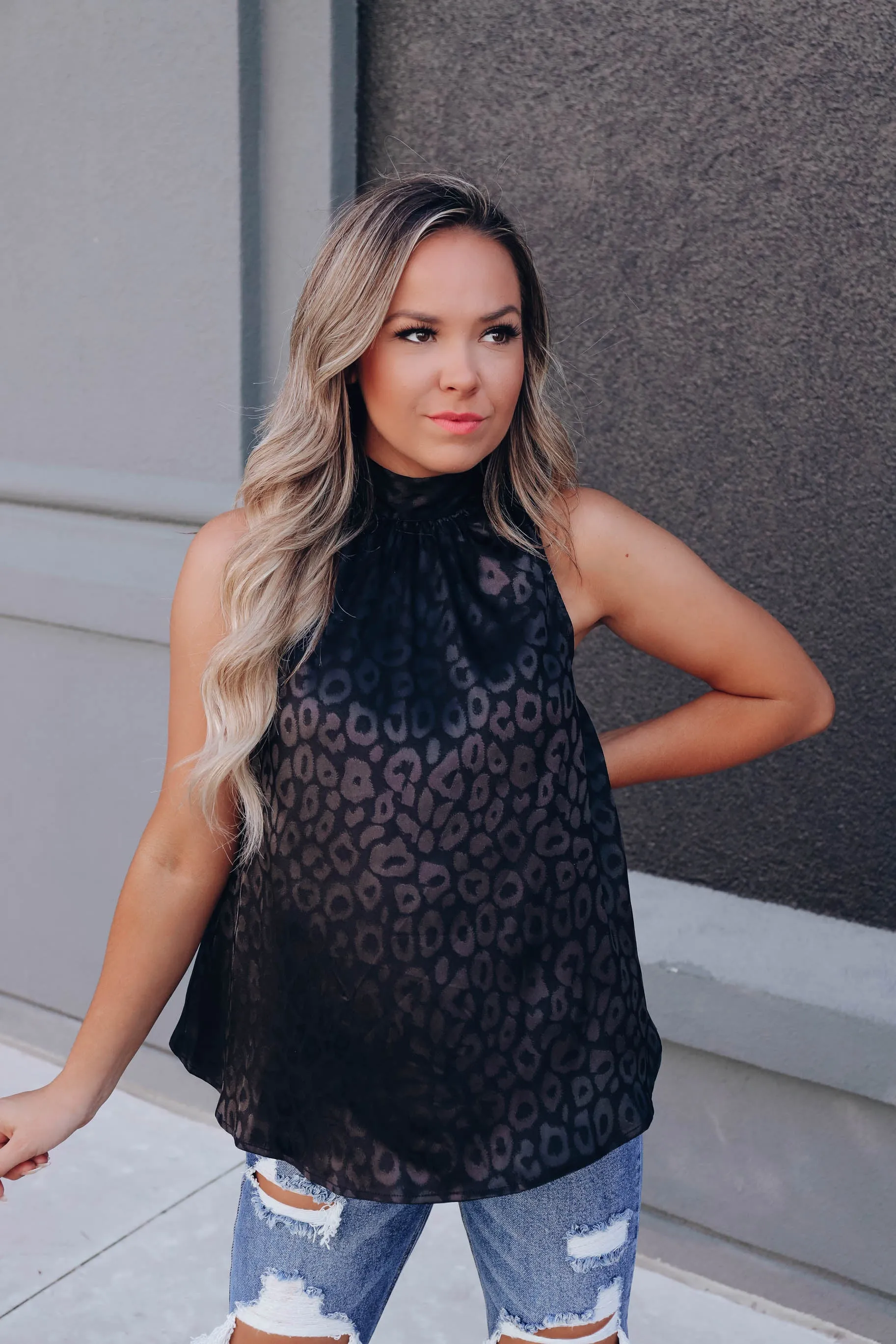 Leopard Satin Blouse - Black