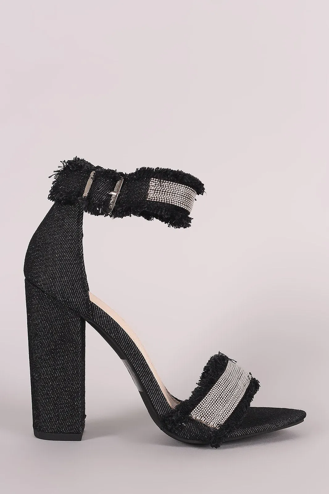 Liliana Frayed Denim Beaded Open Toe Chunky Heel