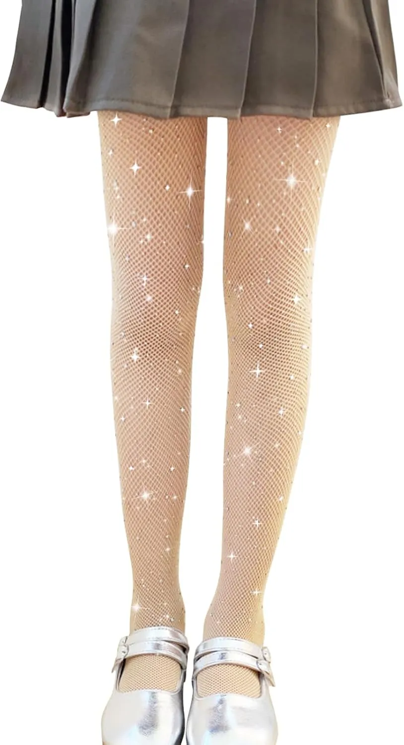 LOLANTA Girls Sparkle Tights 2 Pack Fishnet Rhinestone Stockings for Kids Glitter Shimmer Mesh Pantyhose