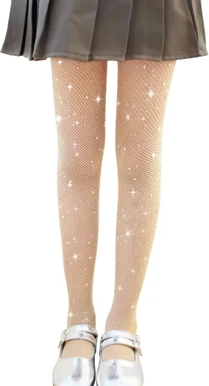 LOLANTA Girls Sparkle Tights 2 Pack Fishnet Rhinestone Stockings for Kids Glitter Shimmer Mesh Pantyhose