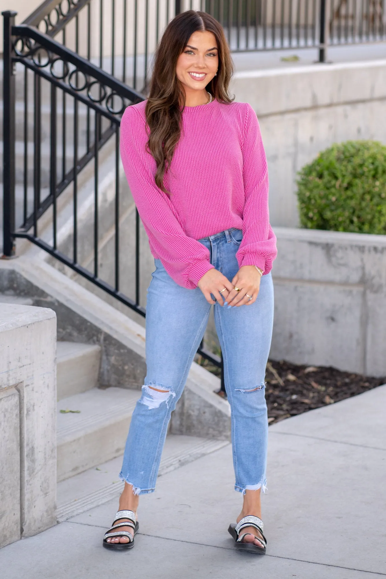Long Sleeve Curved Hem Ribbed T-Shirt