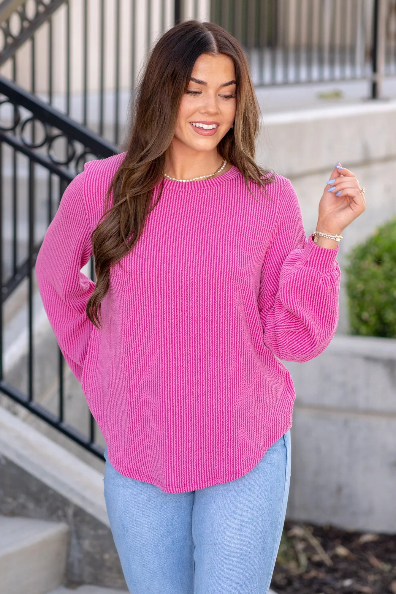 Long Sleeve Curved Hem Ribbed T-Shirt
