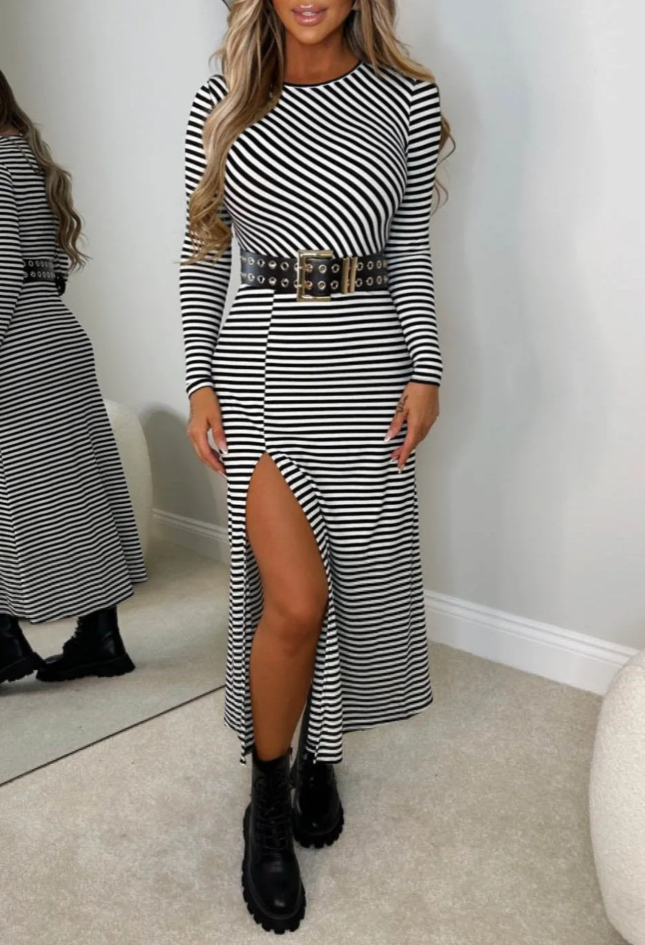 Love On The Line Monochrome Striped Long Sleeve Stretch Midi Dress