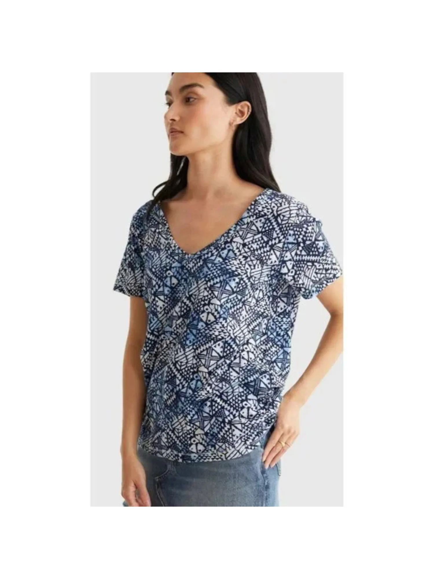 LUCKY BRAND Womens White Printed Short Sleeve V Neck T-Shirt Size M