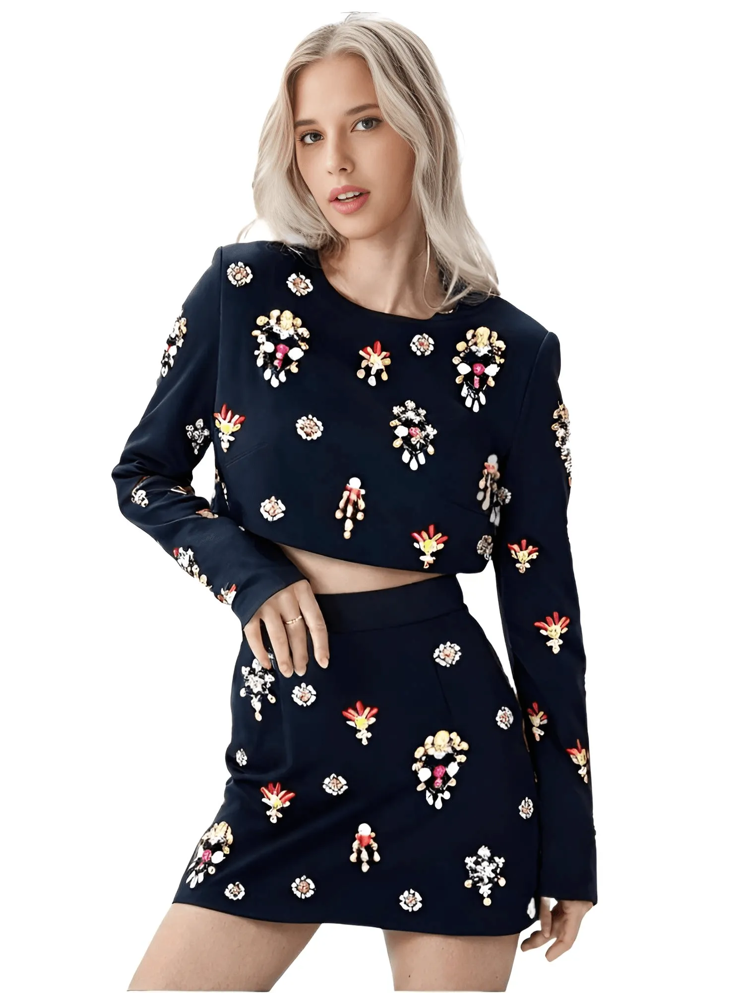 Luxury Colorful Diamond Beaded Skirt Set Long Sleeve Black Short Top   Skirt Two-Piece Set