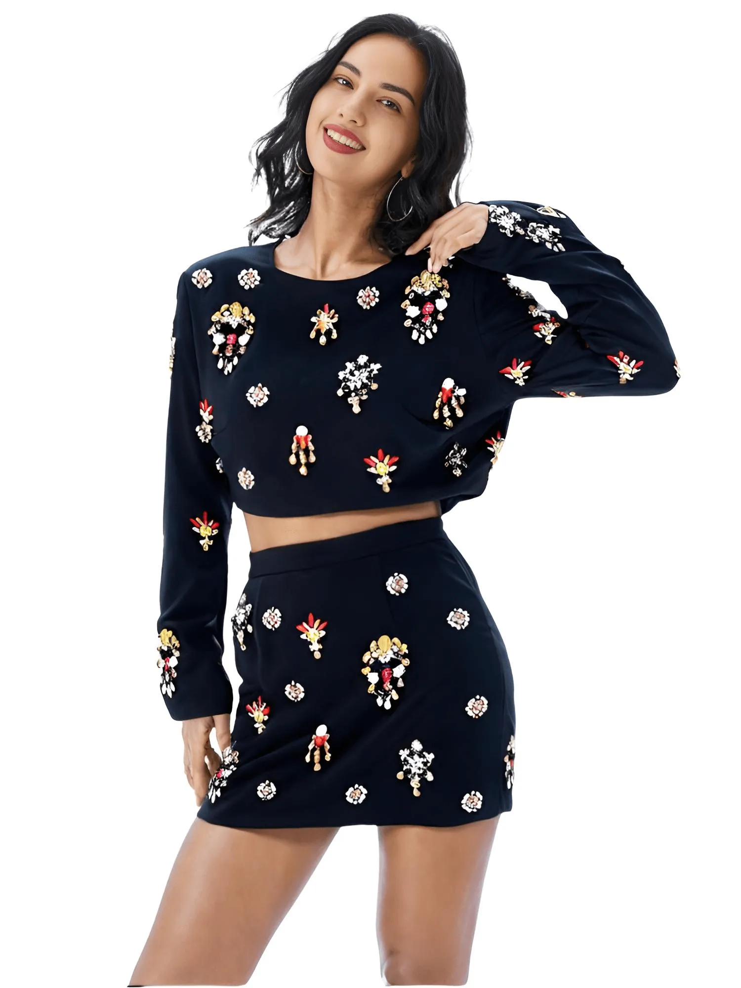 Luxury Colorful Diamond Beaded Skirt Set Long Sleeve Black Short Top   Skirt Two-Piece Set
