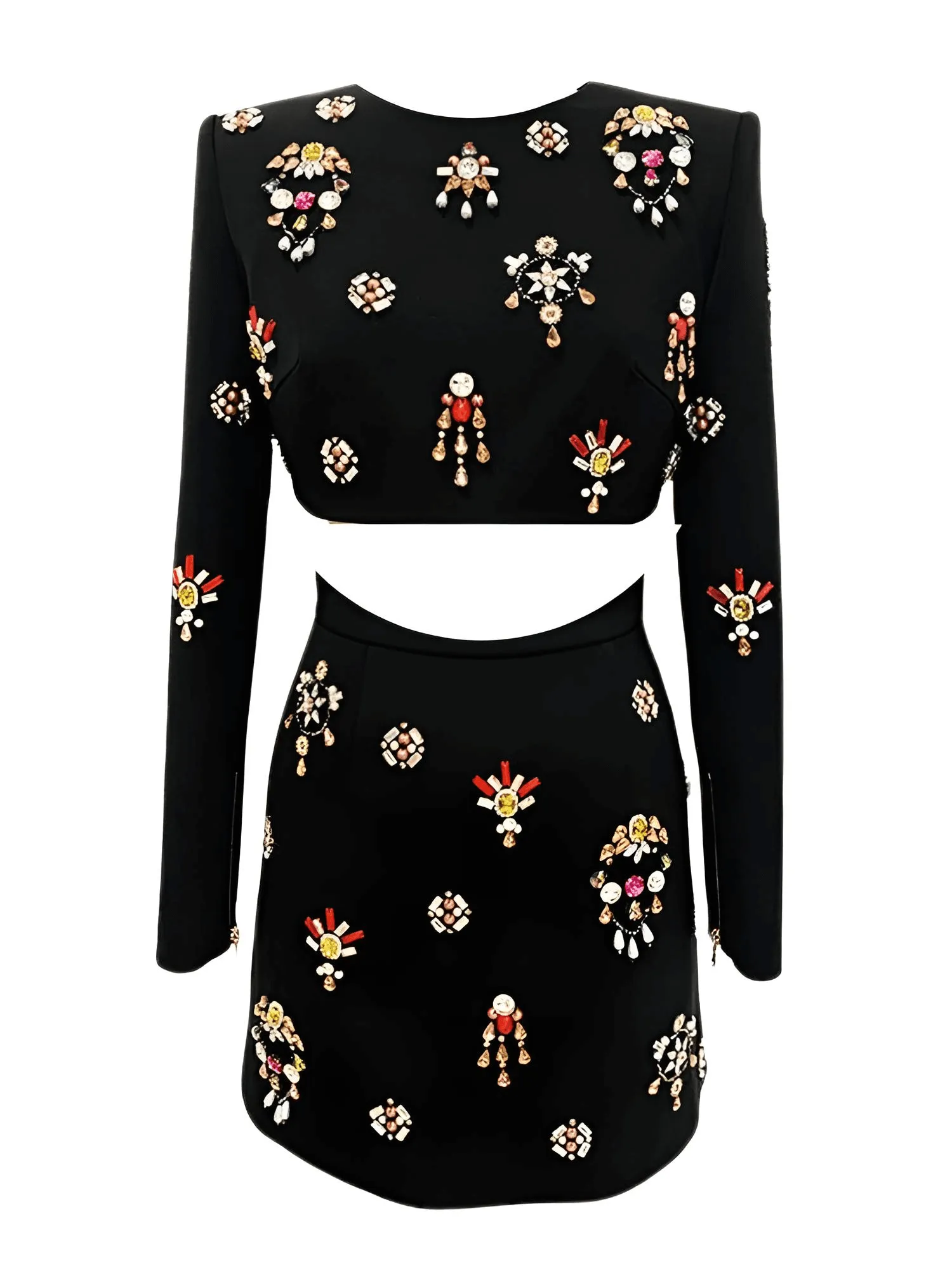 Luxury Colorful Diamond Beaded Skirt Set Long Sleeve Black Short Top   Skirt Two-Piece Set