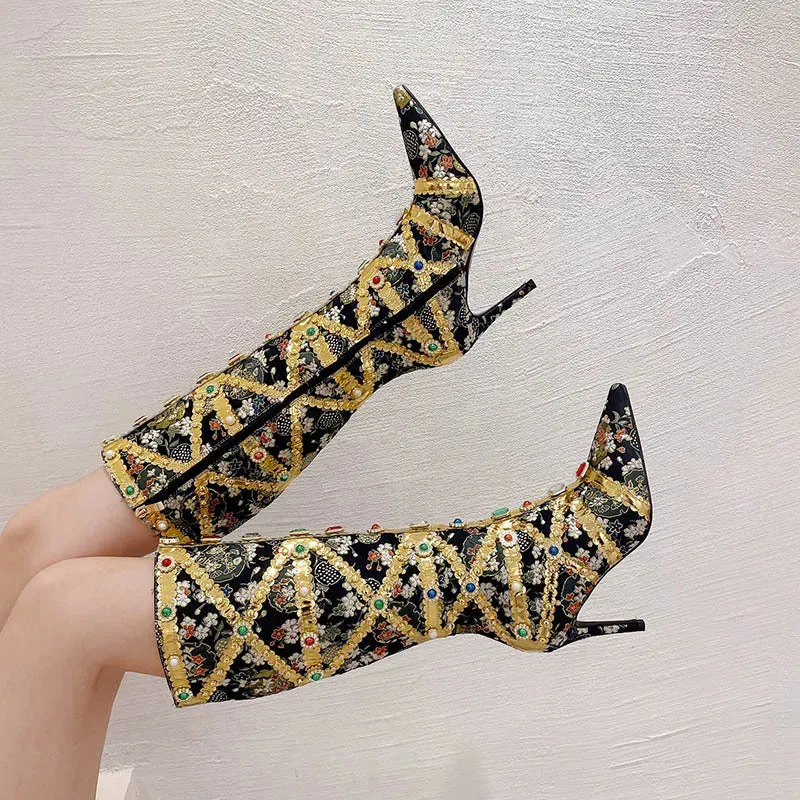 Luxury Pointed Toe Rhinestone Ethnic Style Knee High Modern Boot Side Zip Shoe