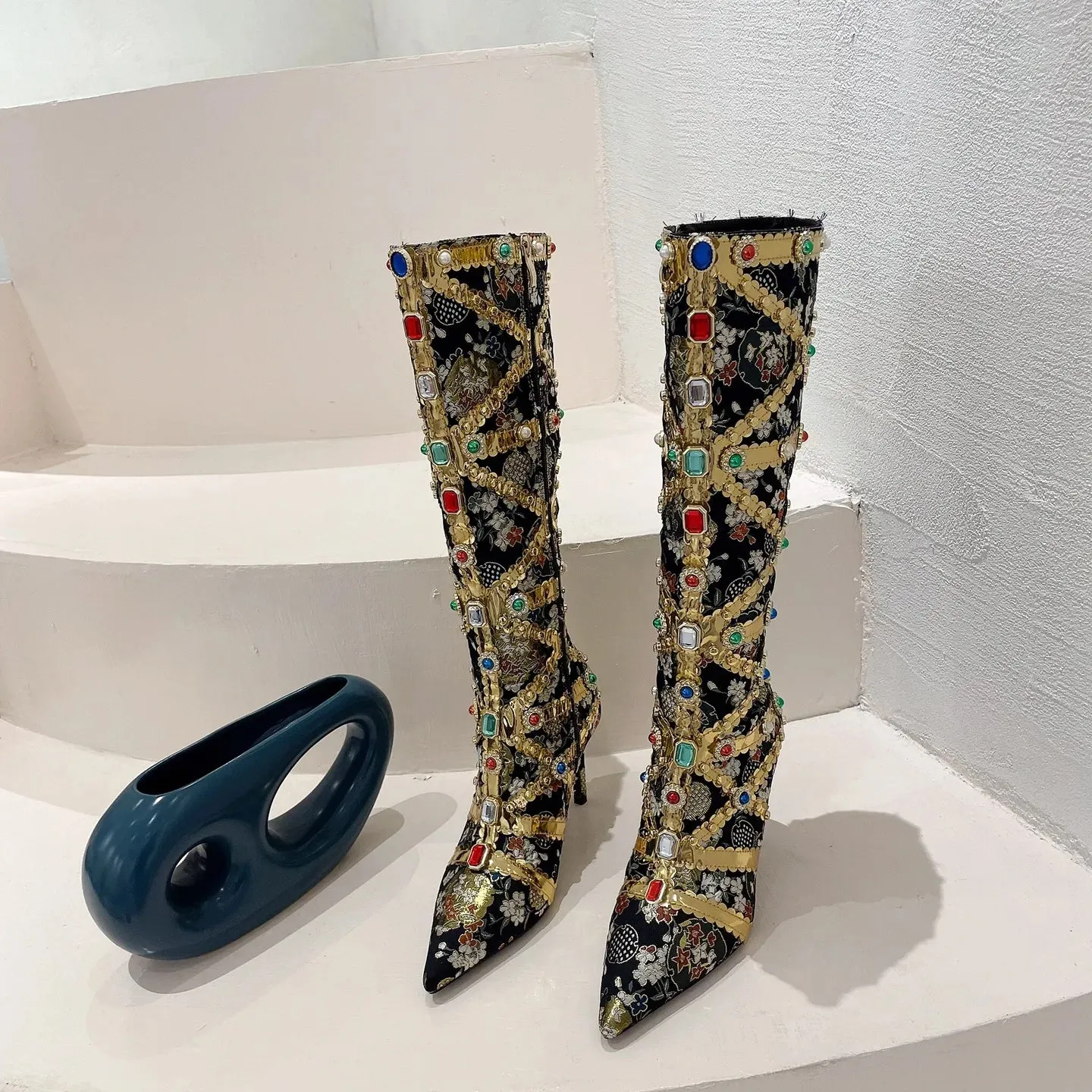 Luxury Pointed Toe Rhinestone Ethnic Style Knee High Modern Boot Side Zip Shoe