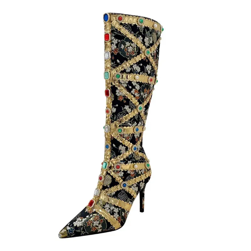Luxury Pointed Toe Rhinestone Ethnic Style Knee High Modern Boot Side Zip Shoe
