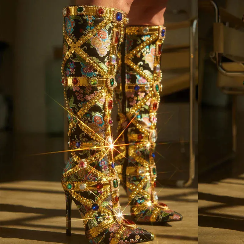 Luxury Pointed Toe Rhinestone Ethnic Style Knee High Modern Boot Side Zip Shoe