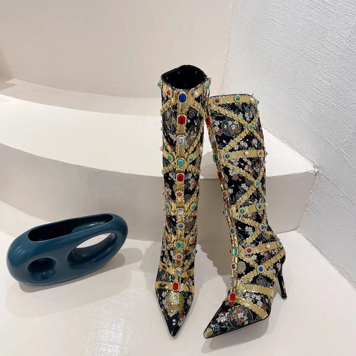 Luxury Pointed Toe Rhinestone Ethnic Style Knee High Modern Boot Side Zip Shoe